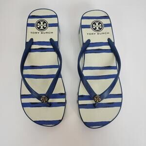 Tory Burch Womens Sandals Size 6.5 White and Blue Stripe‎ Slip On Heels